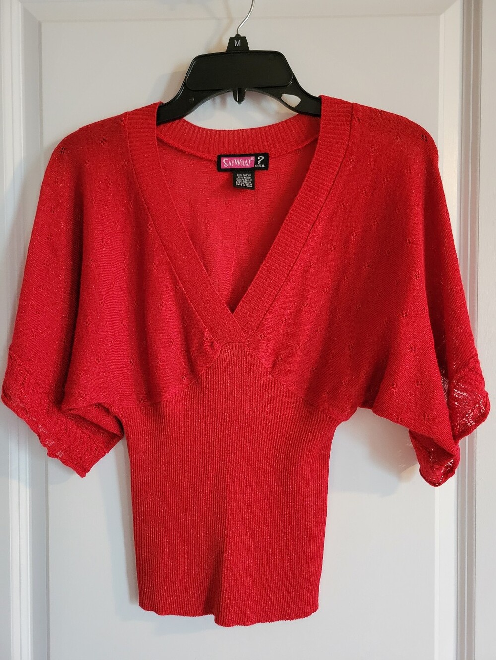 Say What? - Red V-Neck Flutter Sleeve Sweater - Size Medium